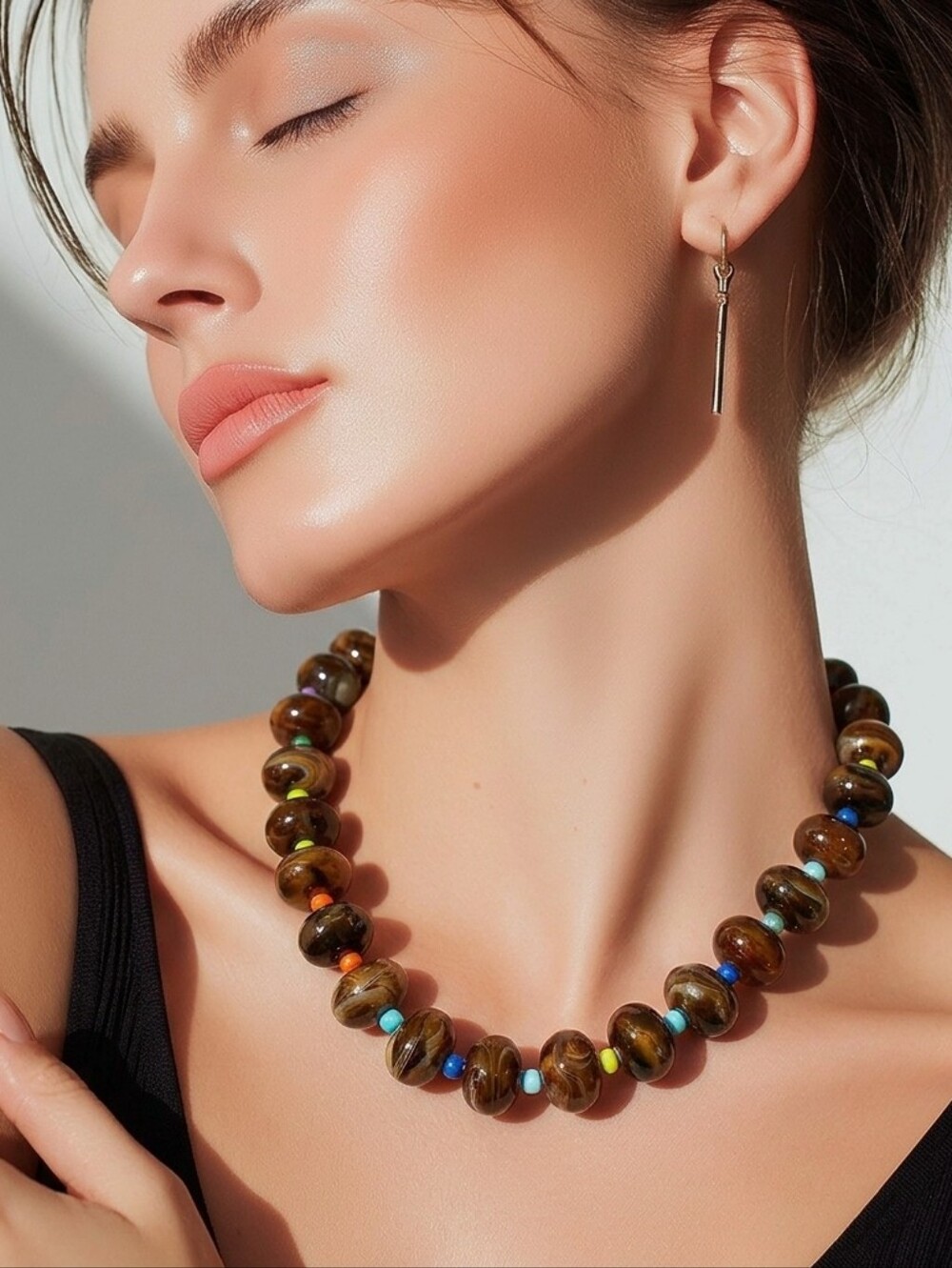 Mayamar Tiger Eye Bead Necklace With Multicolor Accent Beads & Gift Bag